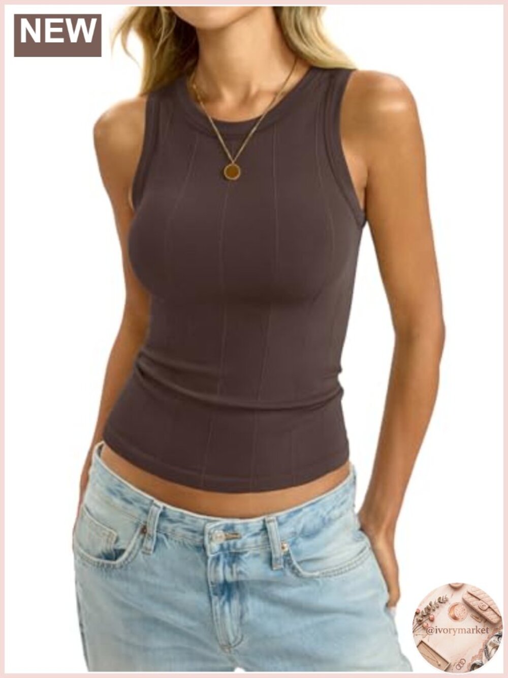 Ribbed Seamless Tank Top, Fitted Sleeveless Crew Neck, Stretchy Knit Summer